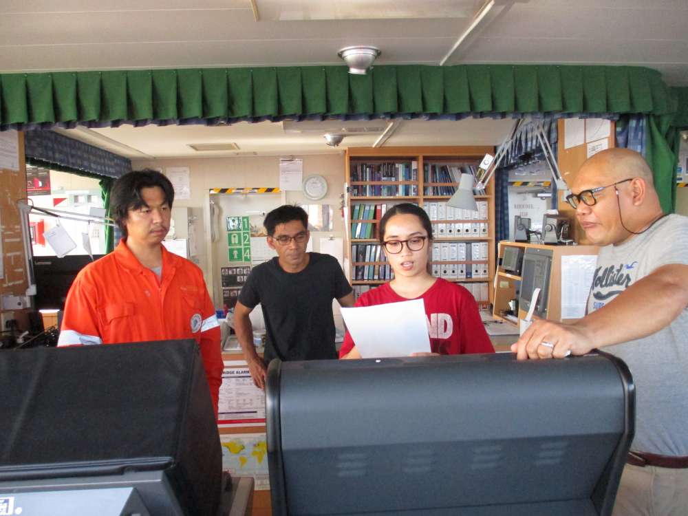 Synergy crew discussing ship technical operations