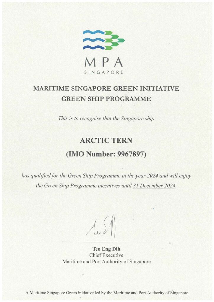 MPA Singapore에 따른 친환경 선박 상태에 대한 Arctic Tern's Certificate