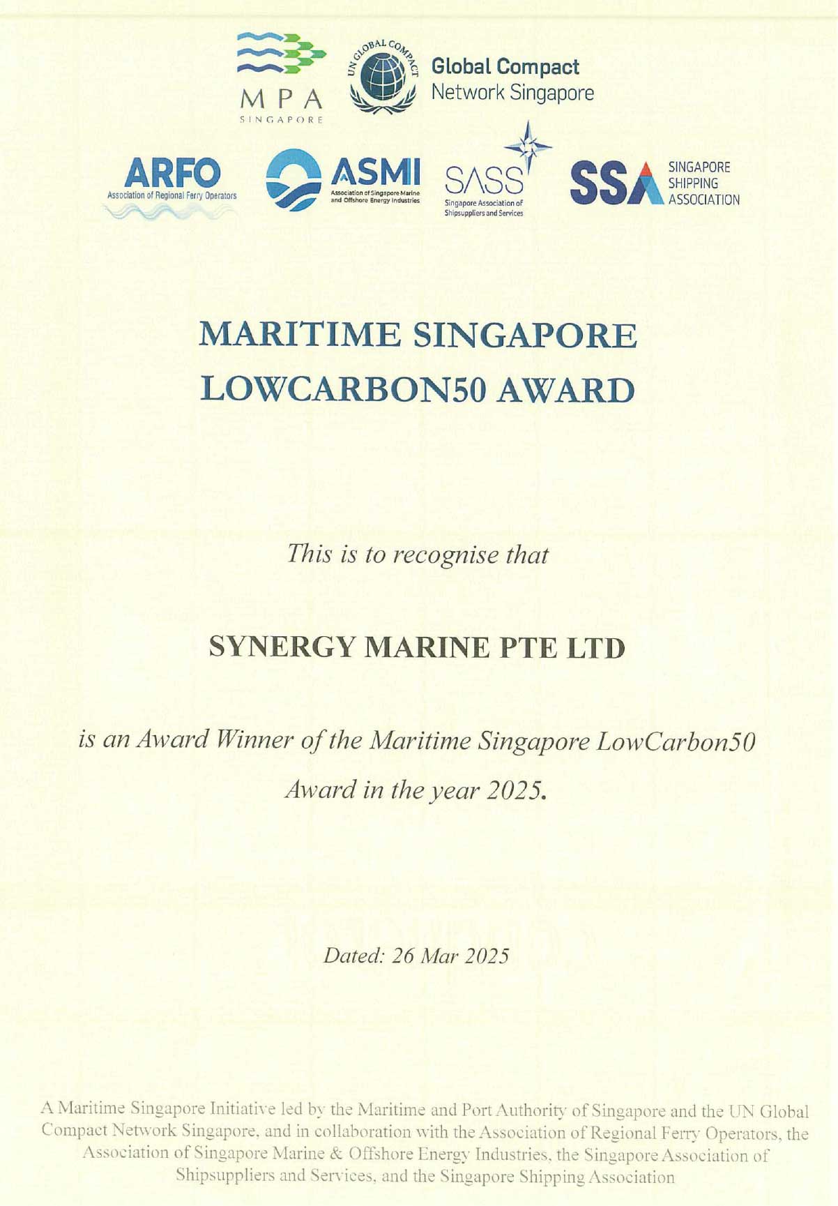 Certificate of Maritime SG LowCarbon50 Awards 2025