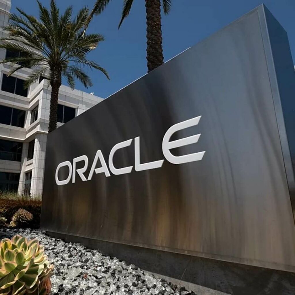 Oracle headquarters signboard with logo outside the company building.