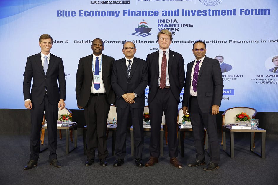 Speakers at the Blue Economy Finance & Investment Forum during India Maritime Week 2025 in Mumbai, including Ajay Chaudhry, Co-CEO &ndash; Ship Management, Synergy Marine Group, alongside global maritime and finance leaders.