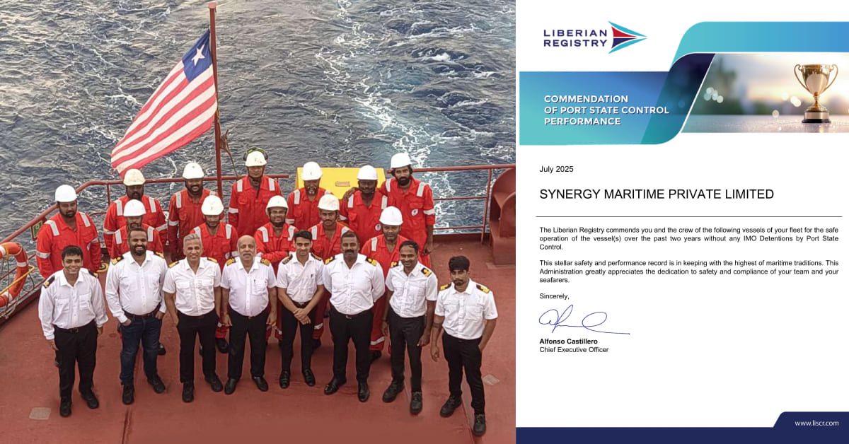 SMPL LR Award Banner - Crew members of a Synergy-managed vessel standing on deck with the Liberian flag, shown alongside the Liberian Registry&rsquo;s Port State Control performance commendation certificate issued in July 2025.