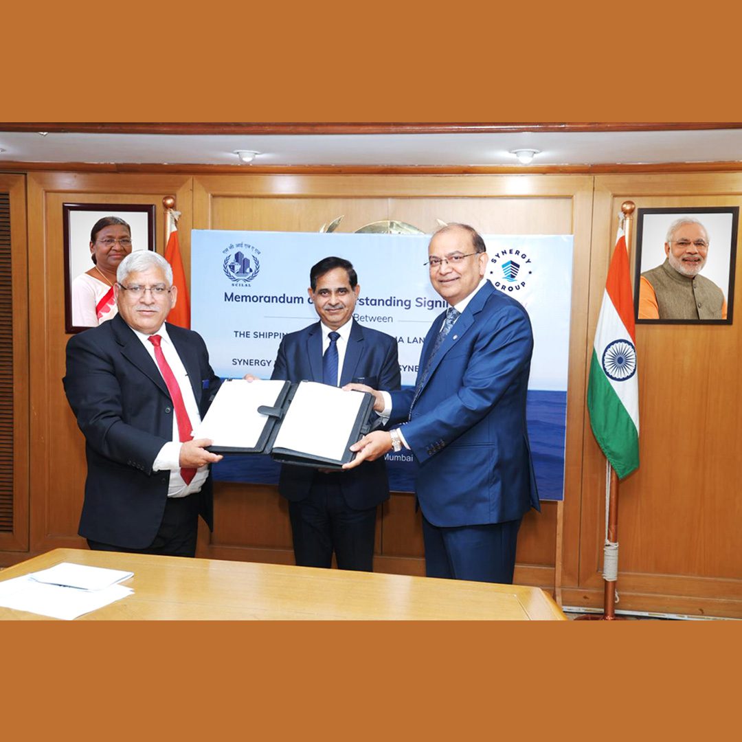 Captain Som Raj, Shipping Corporation of India; Capt. B. K. Tyagi, Chairman and Managing Director, SCILAL and The Shipping Corporation of India Ltd; and Ajay Chaudhry, CEO &ndash; Ship Management, Synergy Marine Group, at the Memorandum of Understanding signing ceremony in Mumbai