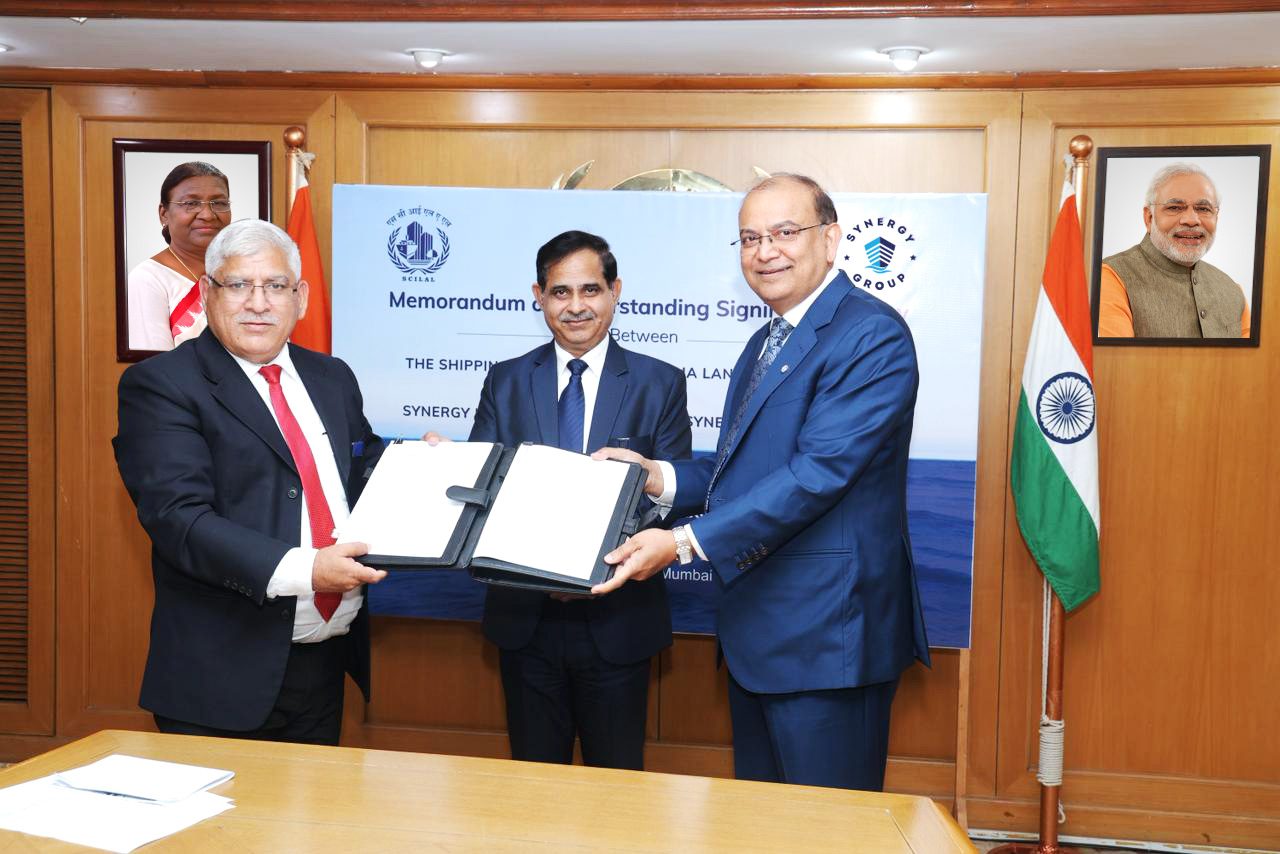 Captain Som Raj, Shipping Corporation of India; Capt. B. K. Tyagi, Chairman and Managing Director, SCILAL and The Shipping Corporation of India Ltd; and Ajay Chaudhry, CEO &ndash; Ship Management, Synergy Marine Group, at the Memorandum of Understanding signing ceremony in Mumbai.