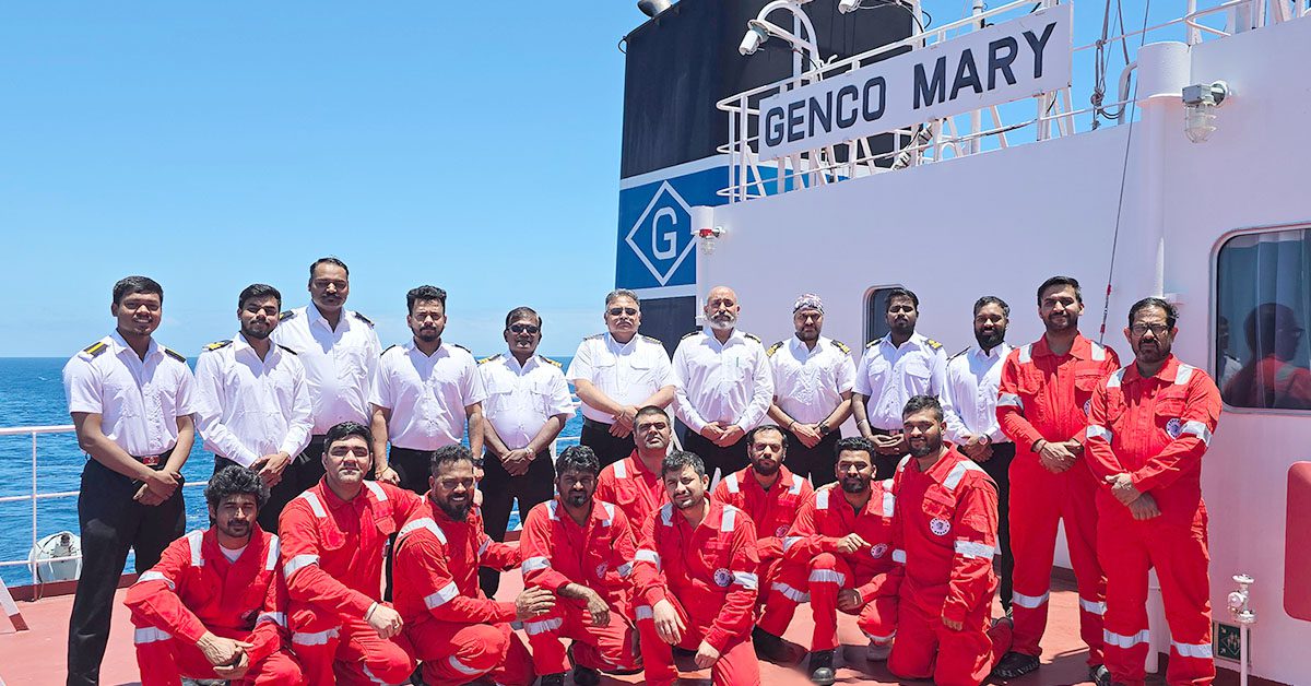 GENCO MARY crew led by Capt. Subrato Ghosh and Chief Engineer Pardeep Singh after successfully rescuing six persons from a distressed sailing vessel at sea