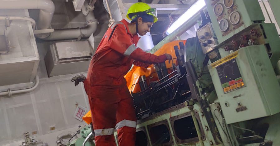 Aditee Singh, Fourth Engineer, carrying out maintenance work on engine room machinery onboard, operating equipment and monitoring systems as part of her day-to-day responsibilities.