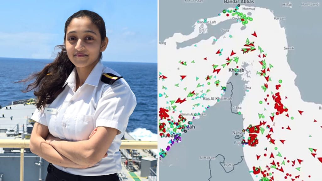 Split banner showing Synergy Marine Group 5th Engineer Hifa Salim in uniform on a ship deck next to a map of the Strait of Hormuz.