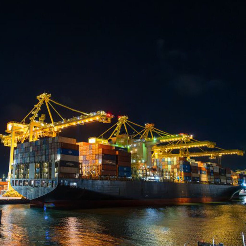 OOCL BRAZIL container vessel alongside cranes during container handling operations at port.