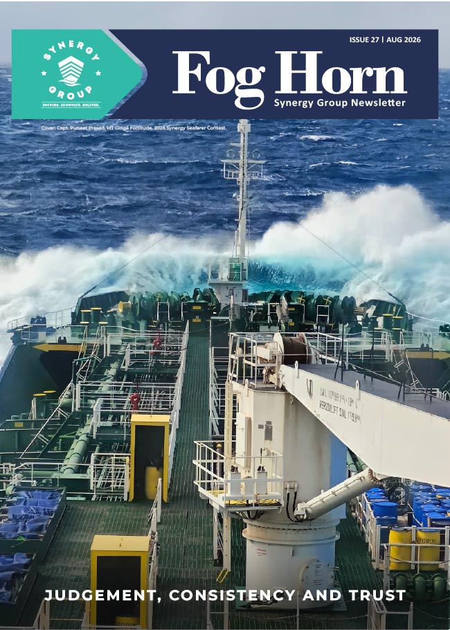 Synergy Marine Group FogHorn Issue 27 newsletter cover featuring a ship navigating rough seas, highlighting judgement, consistency and trust.