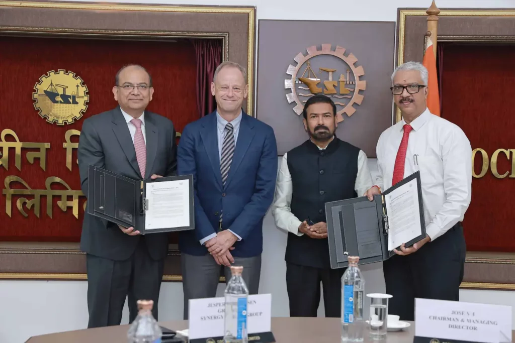 Synergy Marine Group and Cochin Shipyard Limited formalise their collaboration in Kochi on 22 September 2026. From left: Ajay Chaudhry, Co-CEO, Ship Management, Synergy Marine Group; Jesper Kristensen, Group CEO, Synergy Marine Group; Jose V J, Chairman and Managing Director, Cochin Shipyard Limited; and Rajesh Gopalakrishnan, Director (Technical), Cochin Shipyard Limited.