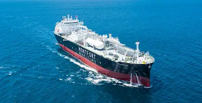 Aerial view of MFM Nicole LPG carrier sailing at sea