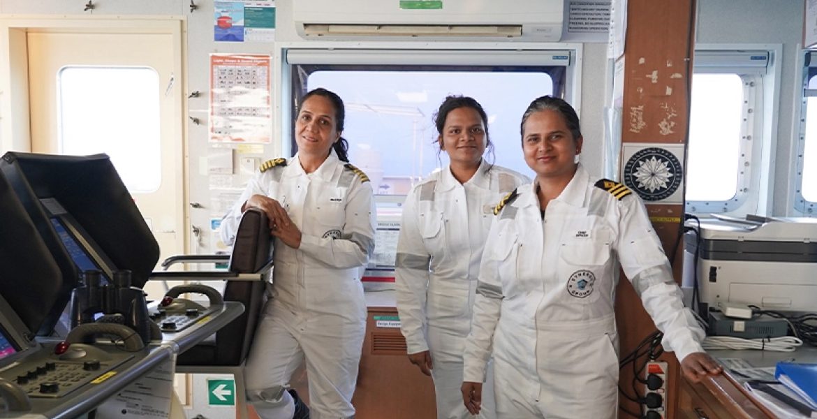 Capt. Radhika Menon, Third Mate Noopur Mohire and Chief Officer Reshma Mukar in the PPE kits designed specially for female seafarers