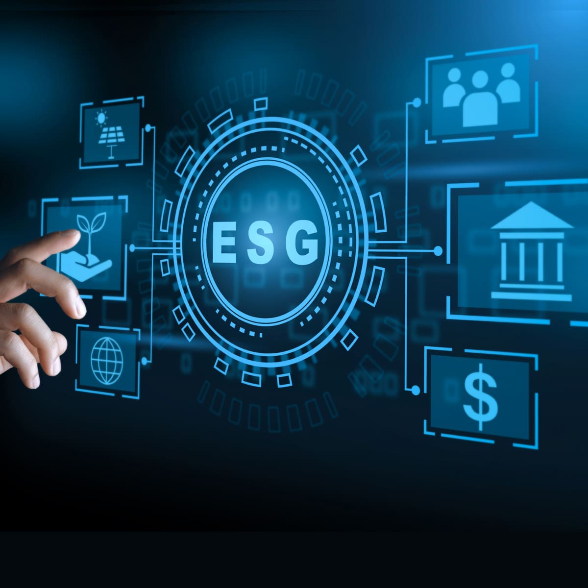Digital interface showing ESG icons and financial symbols, with a glowing central element labeled &ldquo;ESG,&rdquo; representing environmental, social, and governance focus