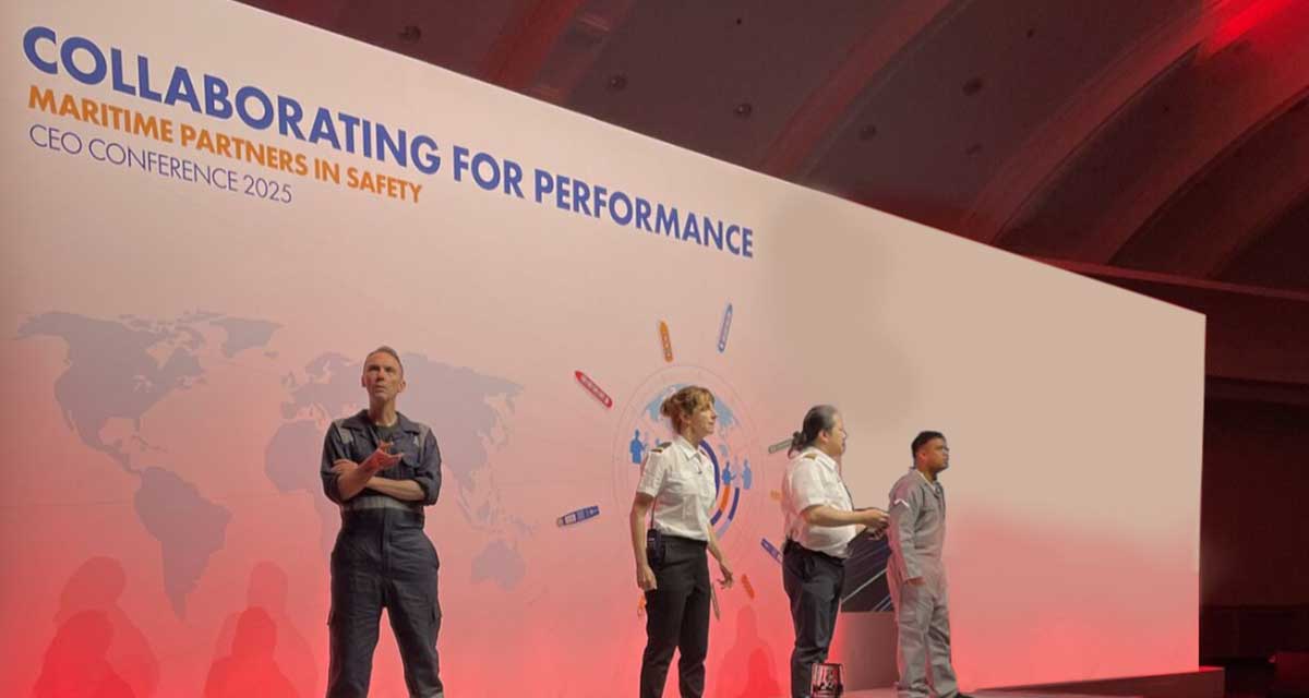 Four individuals in maritime uniforms stand on stage beneath a banner for the Shell Maritime Partners in Safety CEO Conference 2025, themed &ldquo;Collaborating for Performance&rdquo;.