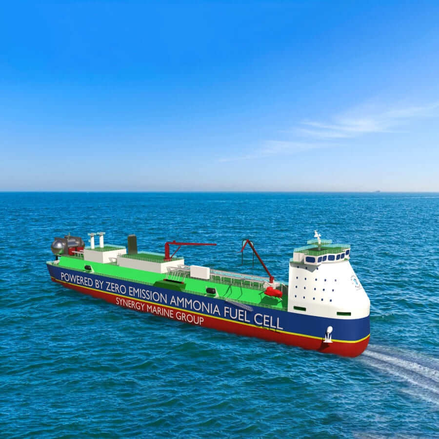 A vessel managed by Synergy Marine Group powered by zero-emission ammonia fuel cell sailing at sea