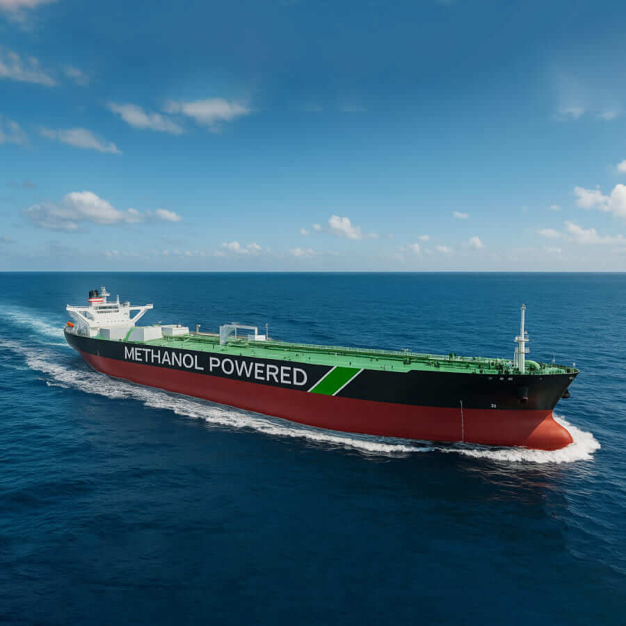 Large methanol-powered cargo ship cruising through open ocean