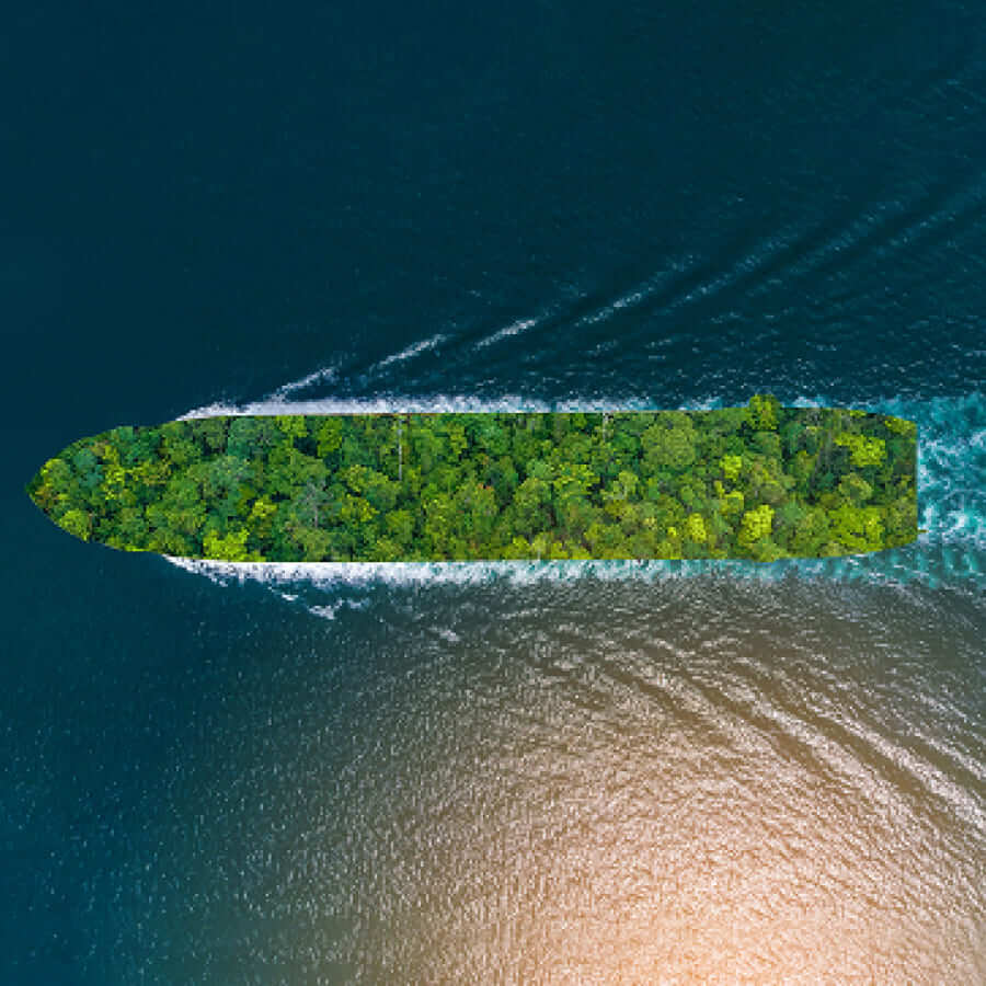 Concept of a sustainable ship covered in green forest sailing across blue water