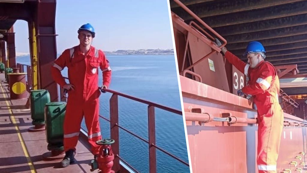 Split-image left panel showing Jamie standing on deck beside railings overlooking water, while the right panel shows Jamie inspecting equipment along the ship's structure.